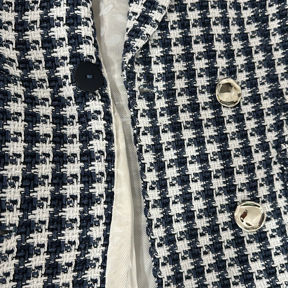 Elie Tahari Blue And White Tweed Double Breasted Blazer Size 8 - Picture 11 of 12